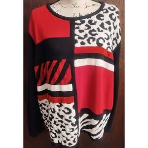 Alfred Dunner 3X Red Black sweater colorblock pullover textured animal print